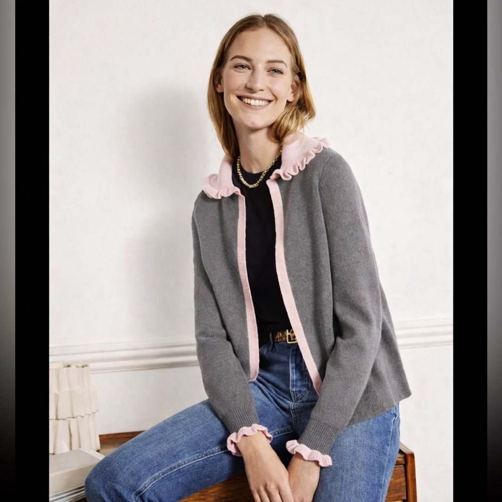 Boden Frill Collared Cardigan in Grey/Pink